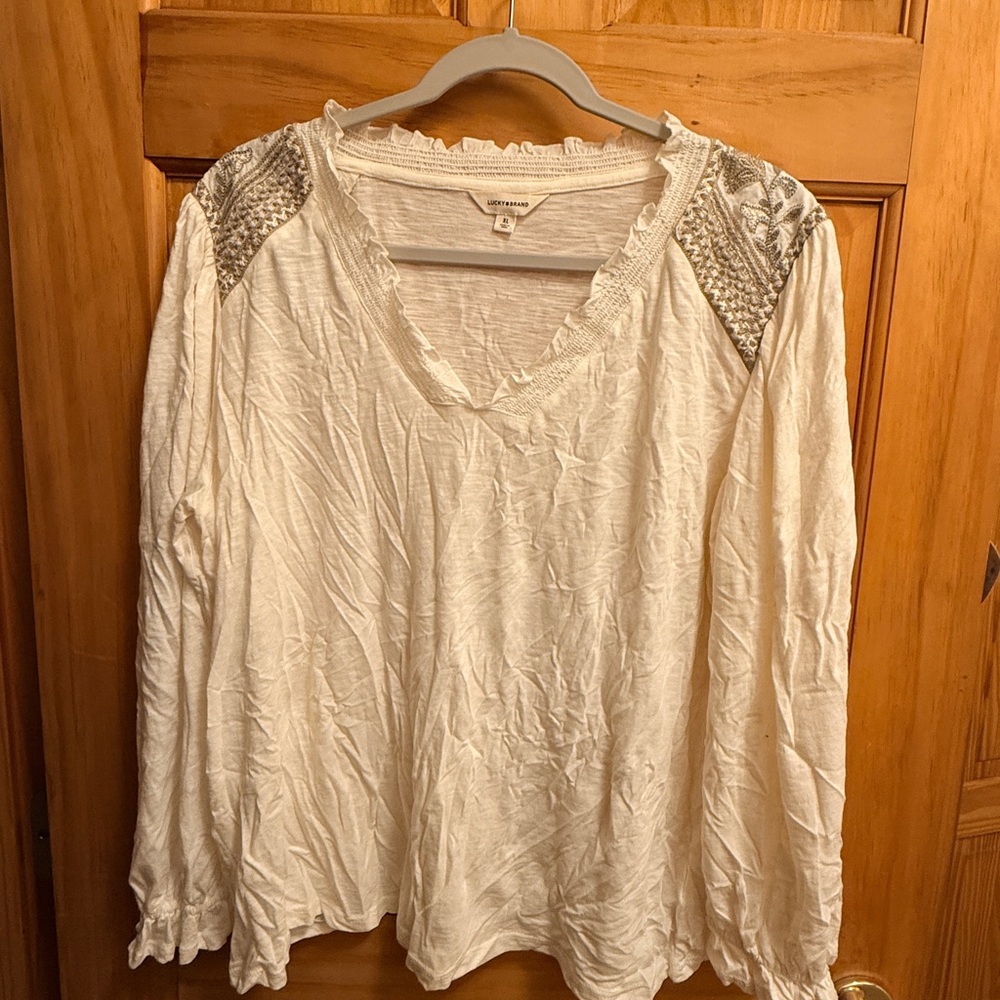 Lucky Brand Cream Long Sleeve Blouse with Embellished Shoulders